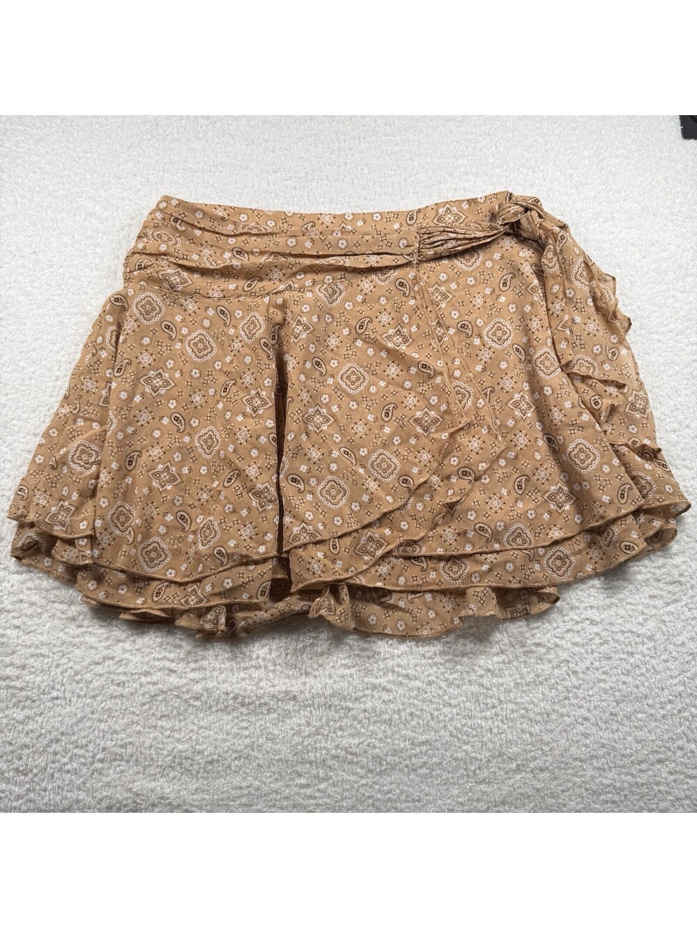 Aerie Women’s M Wrap Skirt Brown Paisley Ruffle Tiered Boho Mini